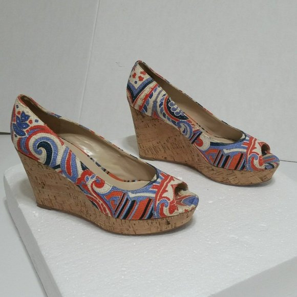 Nine West Women's Cheerful 70 Cork Wedge Peep Toe 7.5M Canvas Stripe Swirl - Picture 4 of 9